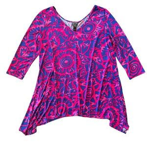 CLARA SUN WOO Large Top Art to Wear Pink Purple Asymmetrical 3/4‎ Sleeve EUC
